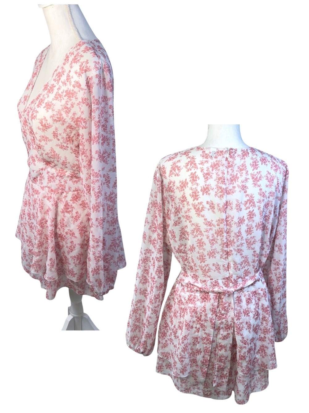 Classic Fashion Collection Wrap Romper Long Sleeve V Neck Pink White Large - Picture 3 of 14